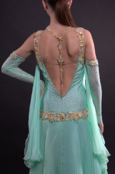 The back of the Mint and Gold Standard Gown with a Pleated Georgette Skirt