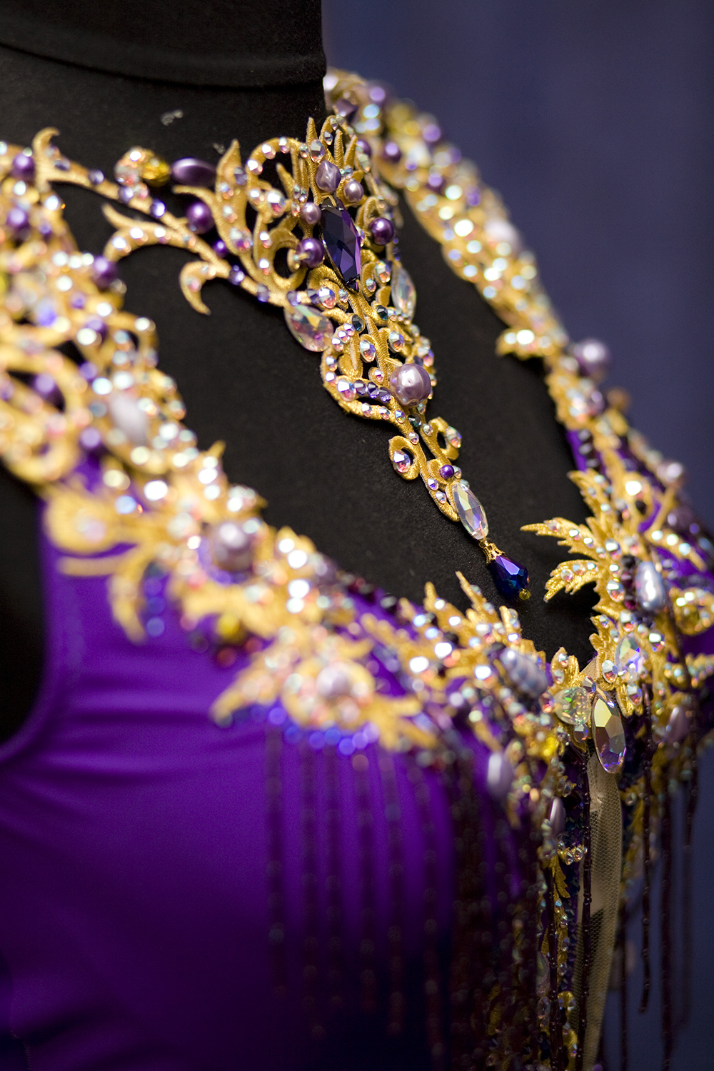 Purple beaded latin with golden lace - Ballroom Sparkle